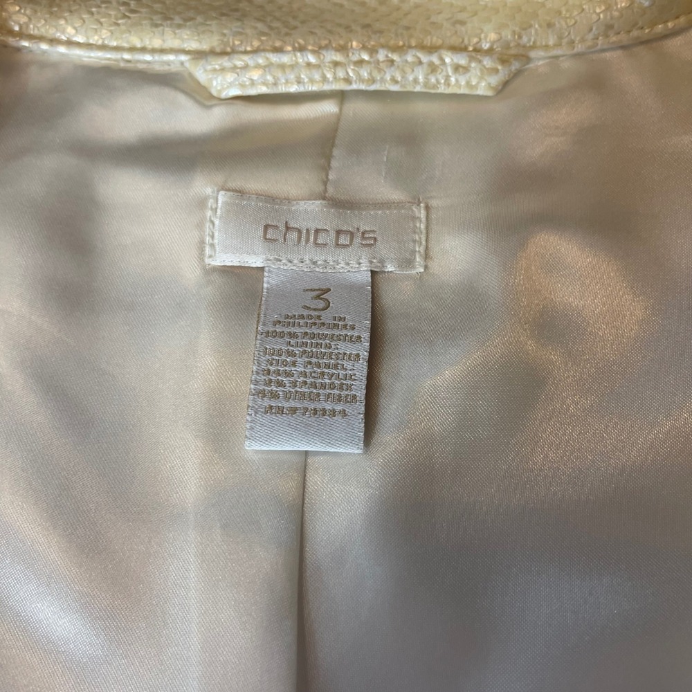 Chico's Cream Snakeskin Faux Leather Metallic Jacket Mock Neck Size 3 XL - Picture 4 of 10